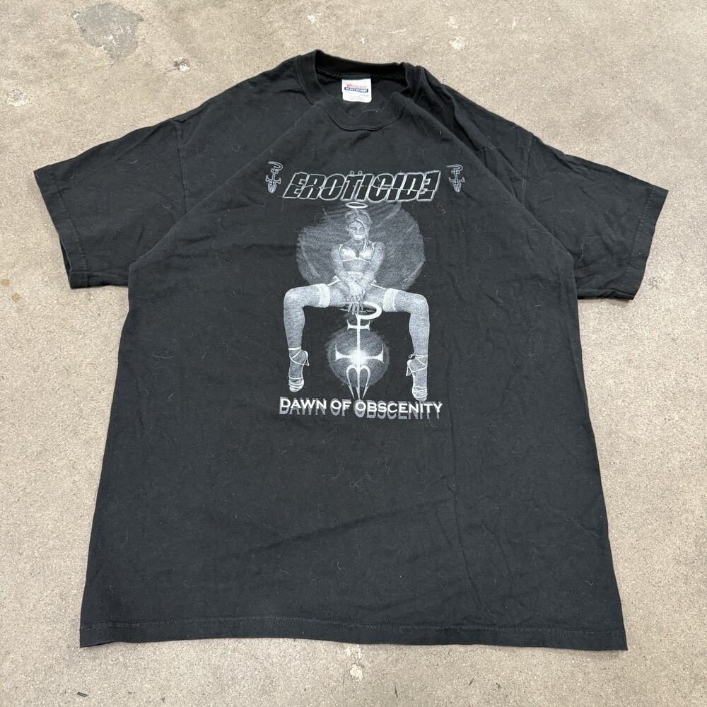 VINTAGE 00s EROTICIDE ROCK BAND DAWN OF OBSCENITY T SHIRT BLACK LARGE